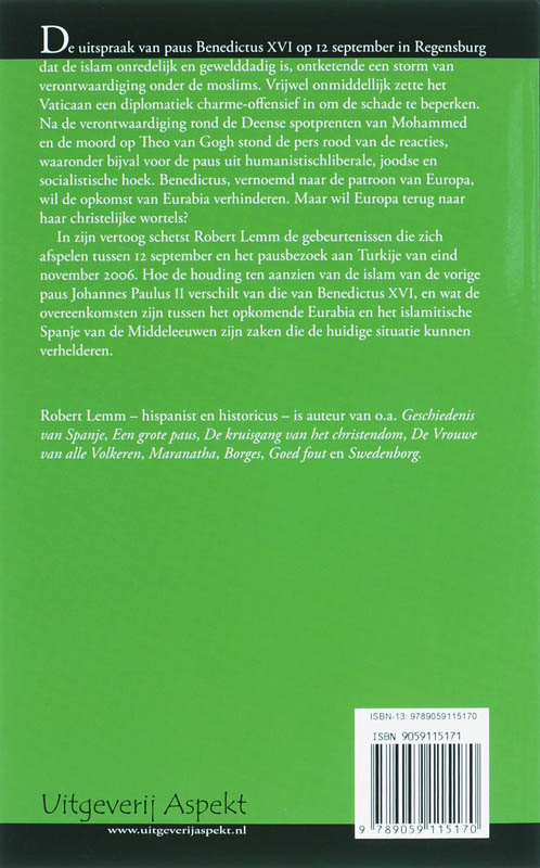Paus Benedictus XVI en de opkomst van Eurabia achterkant