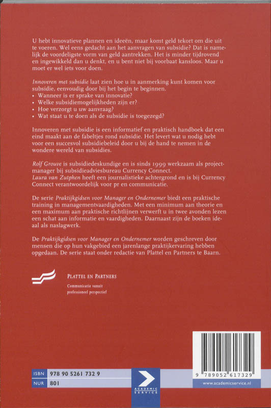 Innoveren met subsidie / Praktijkgidsen voor manager en ondernemer achterkant