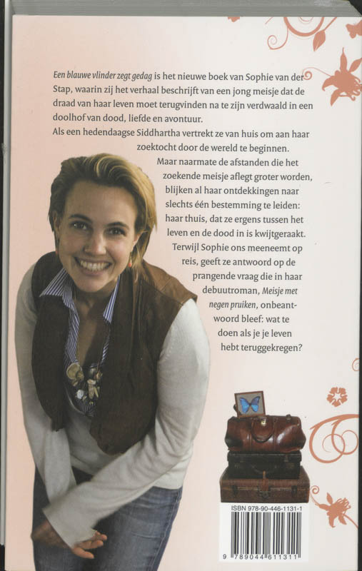 Blauwe vlinder zegt gedag achterkant