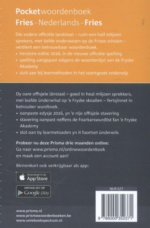 Pocket woordenboeken  -   Prisma pocketwoordenboek Fries achterkant