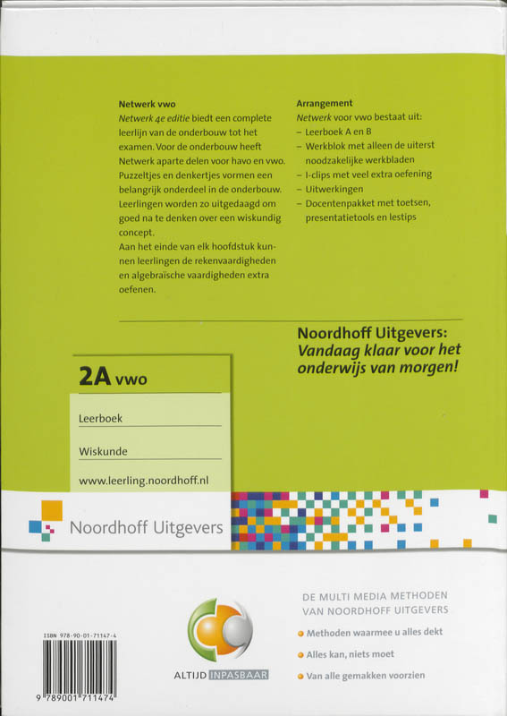 Leerboek wiskunde 2A Vwo Netwerk achterkant