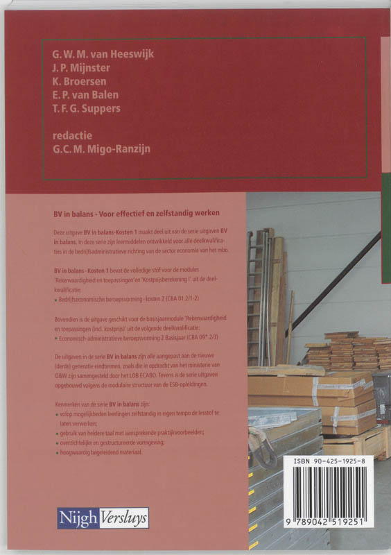 BV in balans Kosten 1 Leerlingenboek achterkant