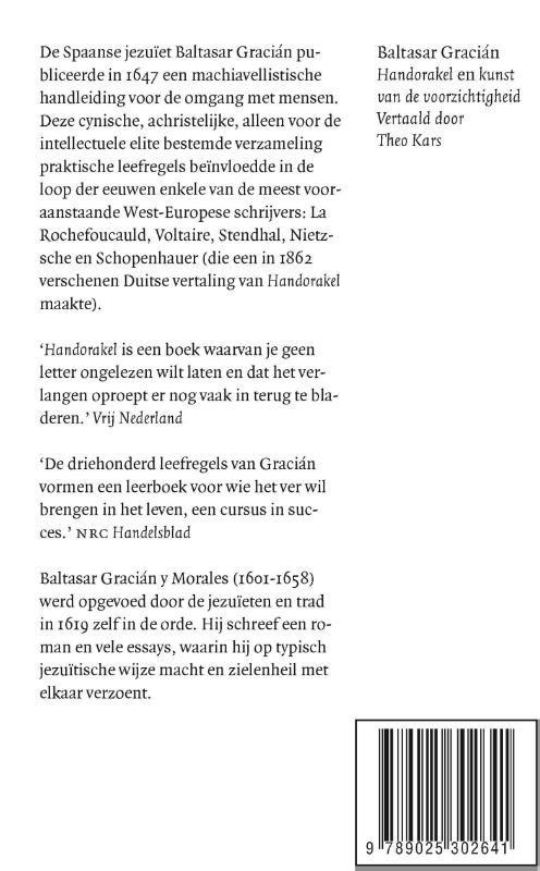 Handorakel en kunst van de voorzichtigheid achterkant