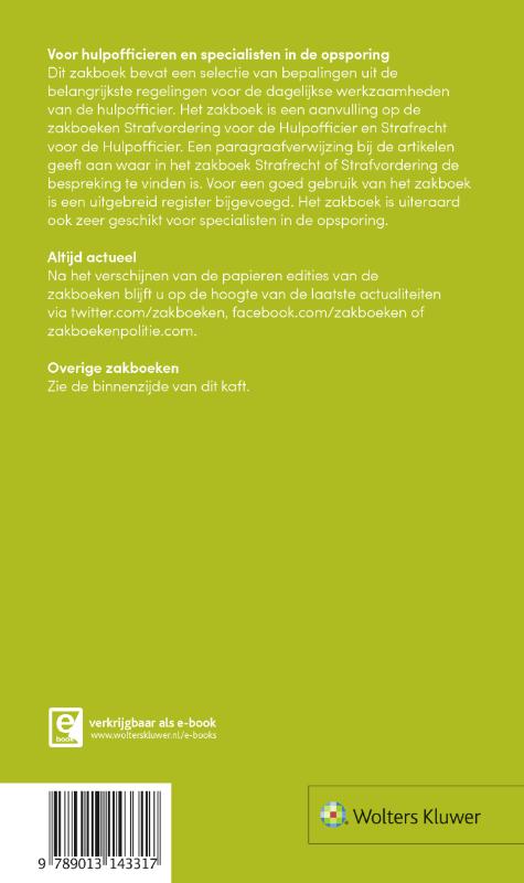Zakboek Wetteksten voor de Hulpofficier 2018 achterkant