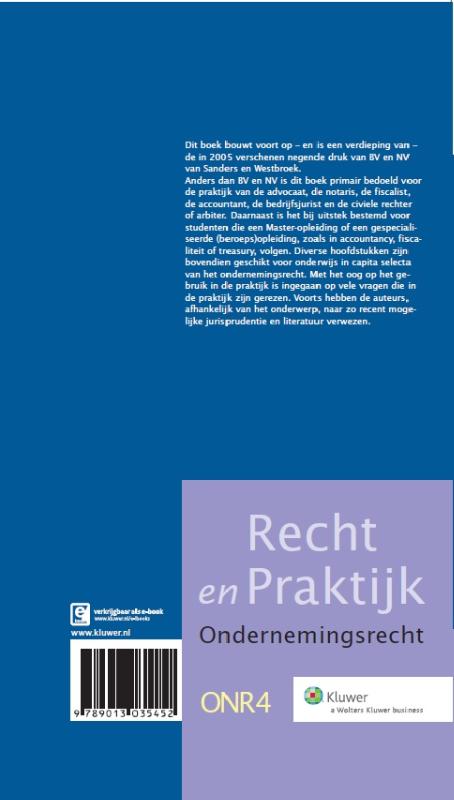 Ondernemingsrecht BV en NV in de praktijk / Recht en Praktijk - Ondernemingsrecht / ONR4 achterkant