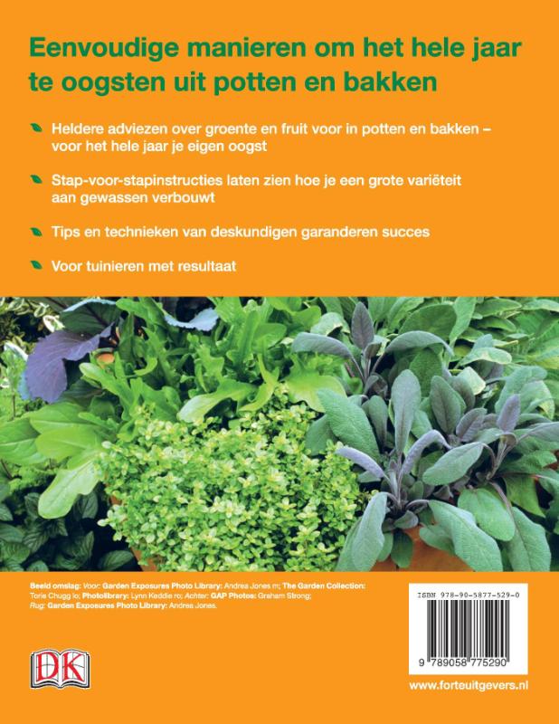 Groente en fruit in potten en bakken achterkant