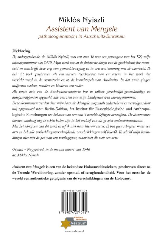 Assistent van Mengele / Verbum Holocaust Bibliotheek achterkant