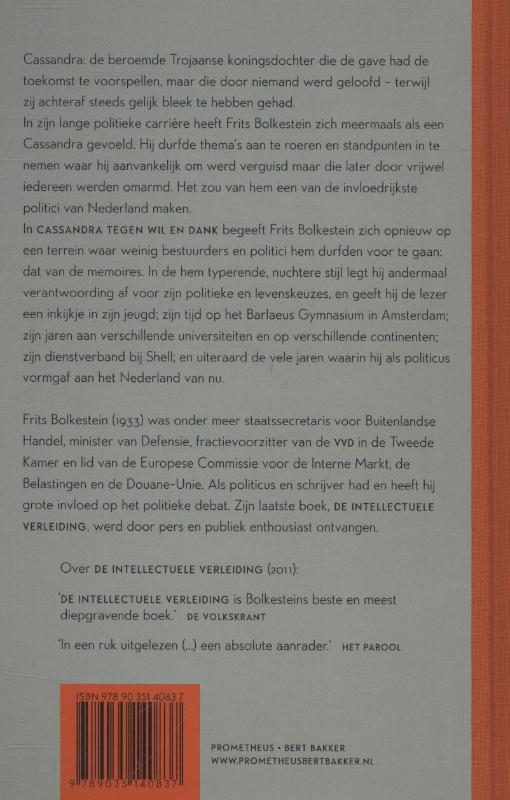 Cassandra tegen wil en dank achterkant