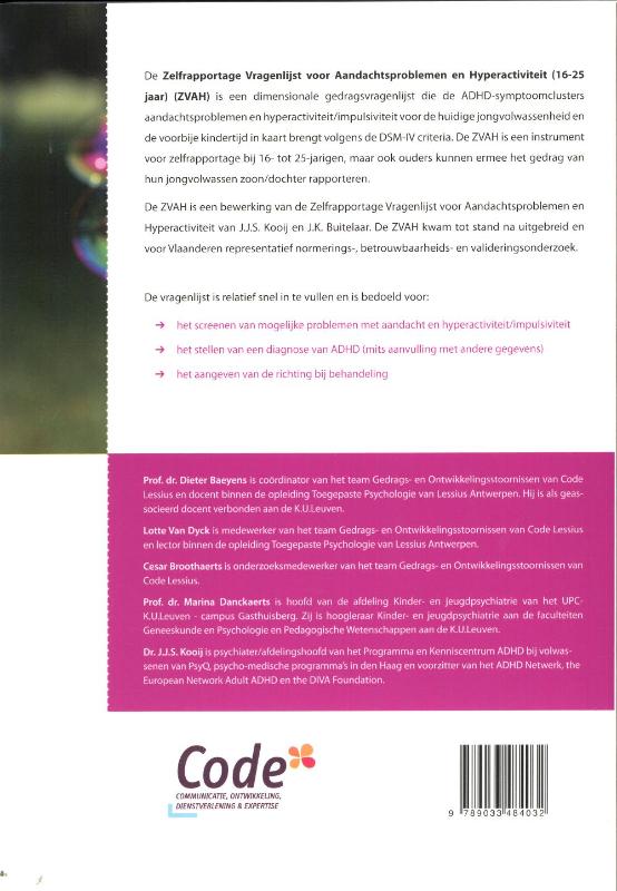 ZVAH: Zelfreportage vragenlijst voor aandachtsproblemen en hyperactiviteit (16-25jaar) achterkant