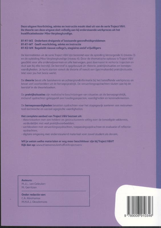 Voorlichting, advies en instructie / Theorieboek / Niveau 4 / Traject V&V achterkant