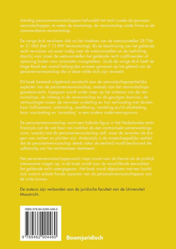 Inleiding personenvennootschappen / Boom Juridische studieboeken achterkant